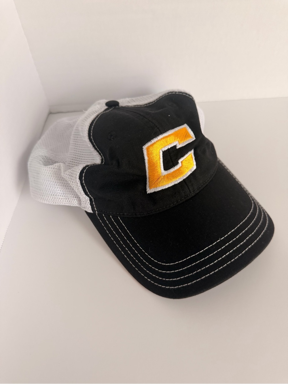Richardson Black and White Trucker Snap Back Hat with Yellow 'C' Patch